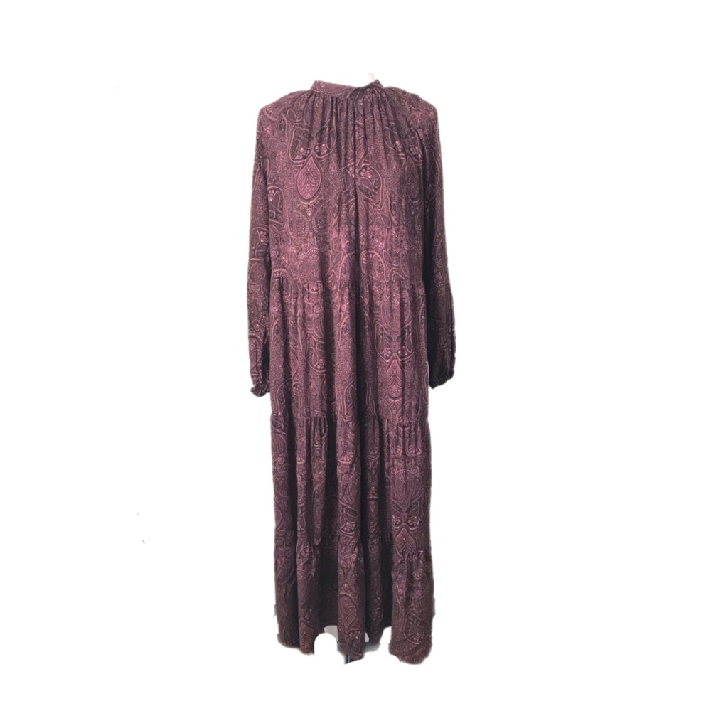 A New Day Women's Paisley Tiered Maxi Dress Burgundy Purple Long Sleeve L NEW